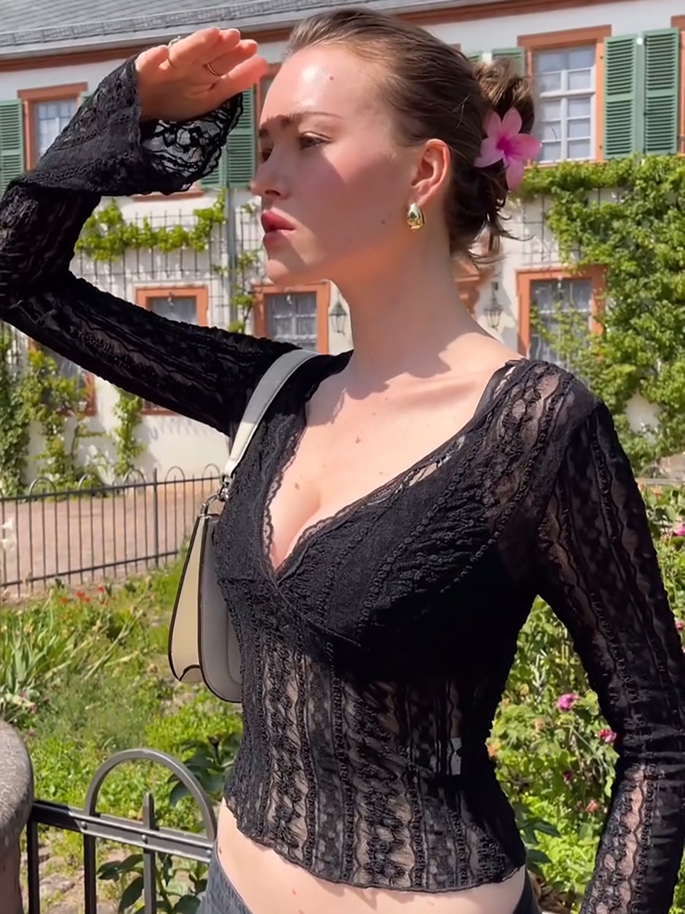 Women's Sheer Black Lace Long Sleeve Top – V-Neck See-Through Floral Lace Blouse - Image 3